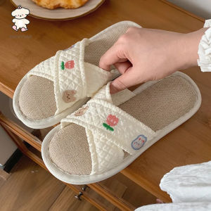 WY-XIXITIAO รองเท้าแตะผู้หญิงทำจากผ้าลินินลายดอกไม้น่ารักสำหรับฤดูใบไม้ร่วงรองเท้าแตะใส่ในบ้านใส่สบายใช้ได้ทุกฤดูใส่อยู่บ้านห้องนอน