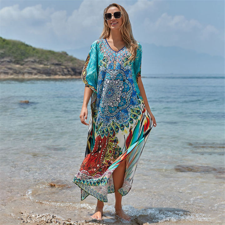 2023 Summer Women Beach Cover Ups Printing Boho Plus Size Kaftan Beach Dress V neck Tunic Swimsuit Lazada PH