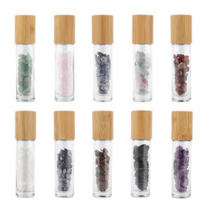 DECINIEE 10ml Natural Gemstone Jade Roller Bottle Bamboo Grain Lid Refillable Essential Oil Bottle Empty Glass Bottle with Jade Stone