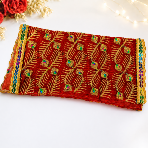 Traditional Red Pooja Large Netted Backdrop Aasan Mat | Decorative Cloth for Mandir Diwali & Festival Pooja Decor (Pack of 1 | Size - 36*18 Inches)