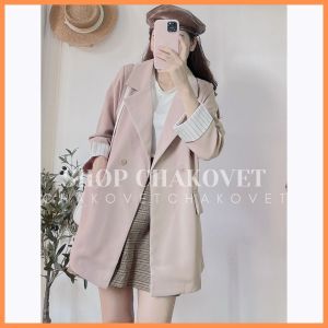 Áo khoác blazer nữ dài tay 1 lớp dầy dặn AB.876 thiết kế áo cổ vest túi hộp 2 cúc giả gỗ tay pha kẻ sọc Style Hàn Quốc