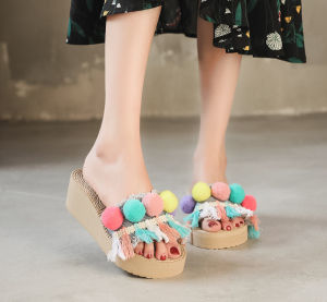 [Free Shipping] Ins-Style Imitation Rope Sandals Korean Fashion Colorful Ball Tassels Slip-On Design Beach High Heels For Women