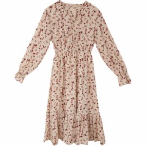 MINOSA Women Elegant Flowy Floral Beige Rose Midi Dress A Line Loose Casual Cute Dress V Neck Cuff Long Sleeve M-2XL