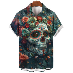 ZEEMIN Day Of The Dead Shirts For Men Skull Mens Shirt 3d Printed Short Sleeved Tops Street Retro Loose Oversized Shirts Men Clothing