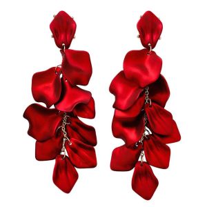 REEBO Personality Fashion For Women Female Red Rose Petals Long Tassel Flower Drop Stud Earring Accessories Jewelry Dangle Earrings