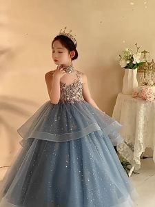 ชุดเดรสเด็กผู้หญิงสีน้ำเงิน ชุดดอกไม้สำหรับงานวันเกิดระดับสูง การแสดงเปียโน ชุดเจ้าหญิงสำหรับเด็ก การแสดงเปียโน