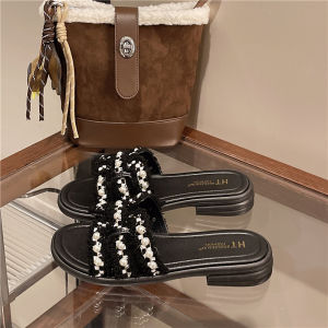 New Chunky Heel Pearl Slippers For Women Summer Breathable Outdoor Fashion Soft Sole Non-Slip Beach Vacation Sandals