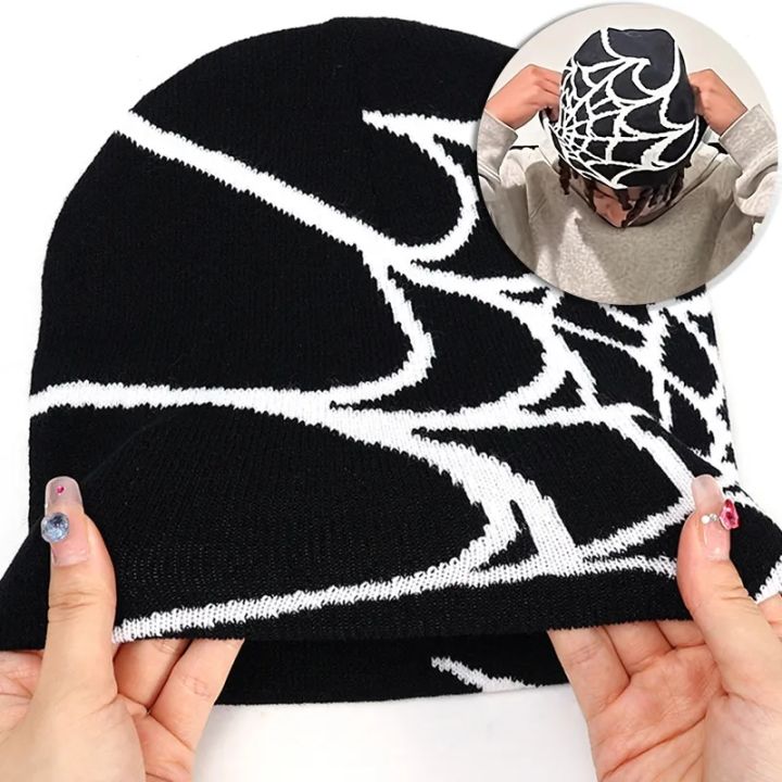 Goth Spider Web Jacquard Beanie Caps Y2K Vintage Knitted Warm Hip