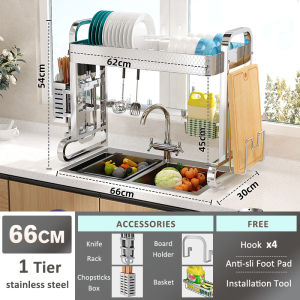 SJORAGE On Hand🔥100cm 2-Tier Over Sink Dish Rack 304 Stainless Steel Multi-functional Kitchen Organizer Drainer Rack with Utensil Holder Cutting Board & Hooks