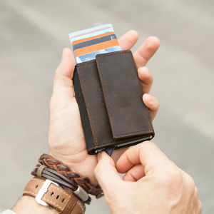 Genuine Leather Card Holder Wallet For Men Automatic Pop Up ID Card Case Crazy Horse Leather Small Purse RFID Blocking Male Wallet