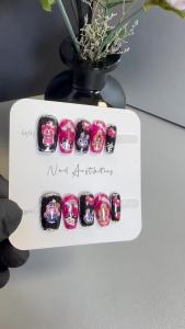 【HANDMADE+Free Glue】Real Photos Press on Nails Dark cartoon rose red Labubu StellaLou combination medium square nails Phototherapy Fake Nail Patch Artificial Nail Reusable