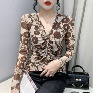 YIMEI Áo In Họa Tiết Cổ Chữ V Có Nút Thời Trang Quần Áo Nữ Cỡ Lớn Áo Thun Xếp Ly Dài Tay Mới Nhất Xuân Thu 2023 Áo Ôm Sát