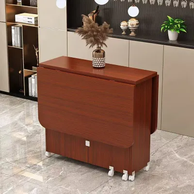 Folding table household small rectangular simple and easy to function with wheels moving dining table 4 people