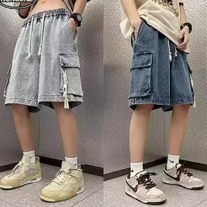 M-5XL Japanese Cargo Denim Shorts Men Simple Causal Loose Wide Leg Five Point Shorts Plus Size Sweatpants