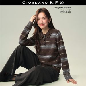 GIORDANO Women Sweaters Lace Collar Half Button Placket Sweaters Striped Fashionable Casual Relaxed Sweaters 18356322