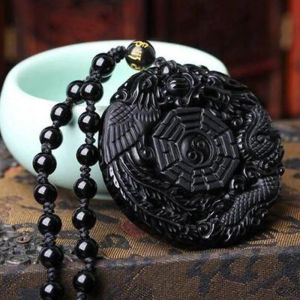 [fenggongshuode] Tự Nhiên Màu Đen Obsidian Tay Khắc Trung Quốc Rồng Phoenix Bird Amulet Bagua Vòng Cổ Cho Phụ Nữ Người Đàn Ông May Mắn Linh Vật Amulet Mặt Dây Chuyền