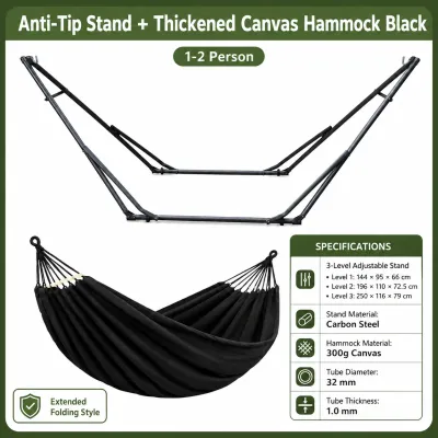 Outdoor Canvas Hammock with Stand 1-2 Person Foldable Anti-Tip Camping Hammock Thickened Fabric Steel Frame for Garden Beach Patio
