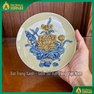 Đĩa Trầu Cau Thờ Bát Tràng Men Hoàng Thổ Hoa Sen Đắp Nổi Đĩa Thờ Gia Tiên Ban Thần Tài ĐK 165cm