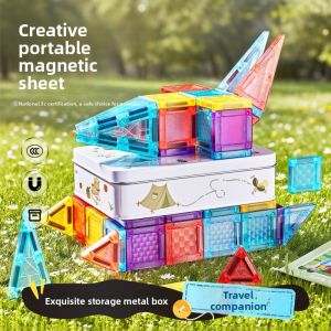 Mini Magnetic Tiles 60/104pcs set in Steel Box/ Travel Set – Educational/Building Blocks/ Creative STEM Kids Toy