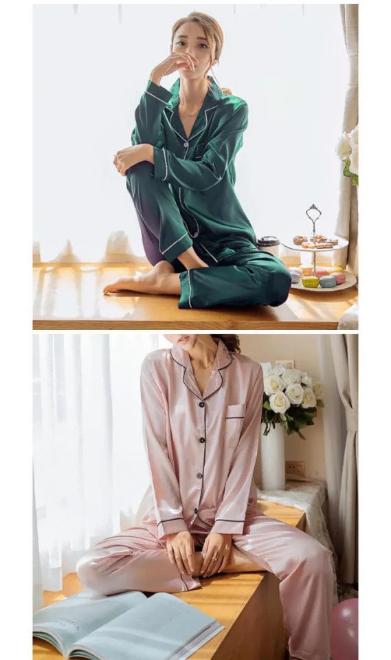 FallSweet Ice Silk Nightwear Women Long Sleeves Pajama Sets V Neck