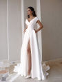 FALLEG Evening Dresses V-Neck Slit A Line with Pockets Wrap Drerss Mid-waist Long Dresses. 