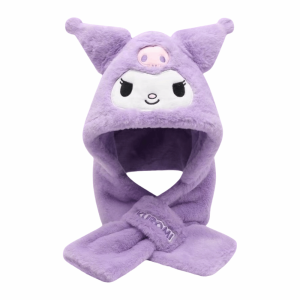 GLOBALTREE Velvet Childrens Integrated Hat Scarf Thick Adjustable Cartoon Ear Protection Cap Cute Cinnamoroll Warm Kuromi Hooded Scarf Winter
