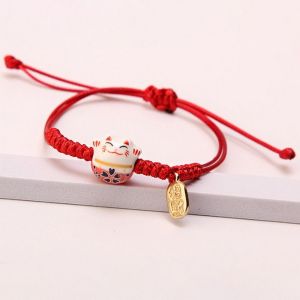 JON09 Ceramic Cat Pendant Maneki Neko Bracelet Hand Rope Handmade Women Hand Ring Unique Jewelry Accessories Red Braided Rope Lovers