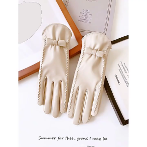 Elegant Womens PU Leather Gloves with Bowknot Designs Warmth and Comfortable Thick Fleece Lined Windproof Hand Gloves