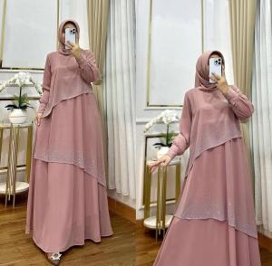 Gamis Dewasa Terbaru Adella Dres Ceruty Babydoll 2 Layer Aplikasi Mutiara Swaroski M L XL XXL Dress Kondangan Wanita Elegan Jumbo Baju Seragaman Buat Pernikahan