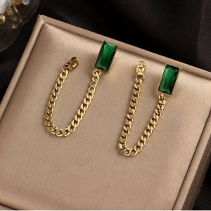 Frascati New Classic Geometric Rectangle Green Crystal Stainless Steel Chain Tassel Earrings Girls Unusual Accessories For Woman