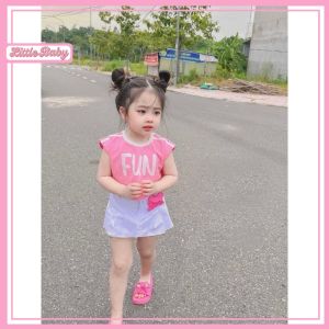 ชุดเสื้อชมพู+กระโปรง(มีซับใน) ลายFUNสุดคิวท์ สไตล์เกาหลีสดใสมากแม่ น้ำหนัก 5-25 กิโล ไซส์SMLXL รหัสHUO