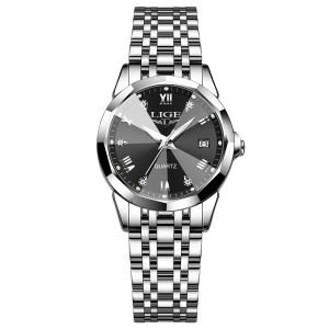 LIGE Fashion and Simple Women Watch 3ATM Waterproof Calendar Small Case Steel Band Quartz Watch