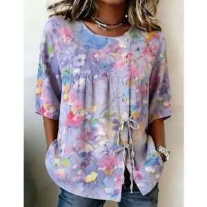 Floral Womens Shirts Linen Shirts OverSized Three Quarter Sleeve Tops Floral Pattern Loose Drawstring Clothing blouses women plus size