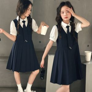 GOOTRADES Pleated Kids Fake Two Dress Preppy Style Short Sleeve Summer Girls Dresses Loose Teenagers Children A-line Dress Girl