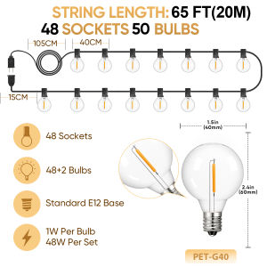 25FT/33FT/50FT G40 Plastic Shatterproof String Lights Outdoor Waterproof Hanging Light Backyard Porch Balcony Christmas Party Decor