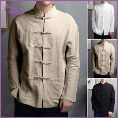 Men Autumn Chinese Style Shirt Top Mandarin Collar Long Sleeve Pockets Disc Button Traditional Kung Fu Tai Chi Shirt Tang Tops Uniform