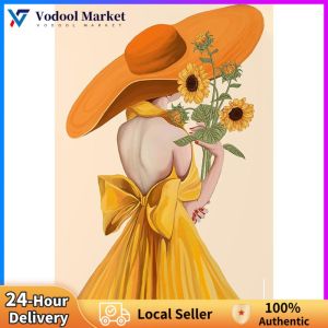 DIY Wall Art Canvas Sunflower Girl Cross Stitch Set Bright Yellow Colors Full Embroidery Home Decor for Living Room