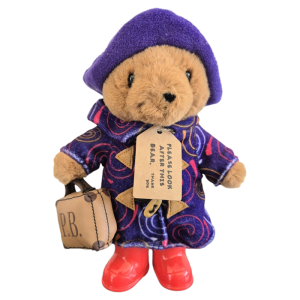 Paddington Bear with rain boots and a bag travelling around the world series - I love Paris