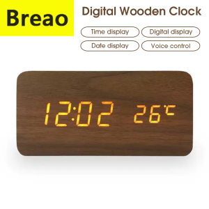 Breao Wooden Digital Alarm Clock LED Alarm Clock with Temperature Desk Clocks for OfficeBedside Clock