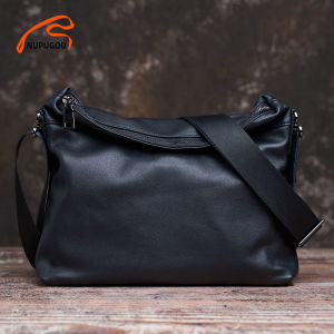 Fashion Mens Shoulder Bag Genuine Leather Casual Crossbody Bag Classic Fold Cover zipper Messenger For 10.5 Inch Ipad NUPUGOO