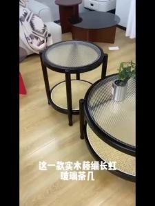 Glass Coffee Table Long Rainbow Solid Wood Rattan Combination Living Room Household Small Home Round