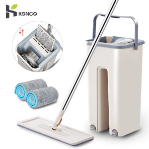 Konco Magic Cleaning Mops Free Hand Mop with Bucket Floor Cleaner with 2 pieces Replacement mop Cloth Floor Cleaning Mops 360 Rotating Mop with Bucket Squeeze Flat Mop Home Kitchen Floor Cleaner Floor Scrubber Tile Mop