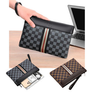 Handbag Pria Kulit PU Leather Business Clutch Import Plaid Vertical Ribbon JOFBC11