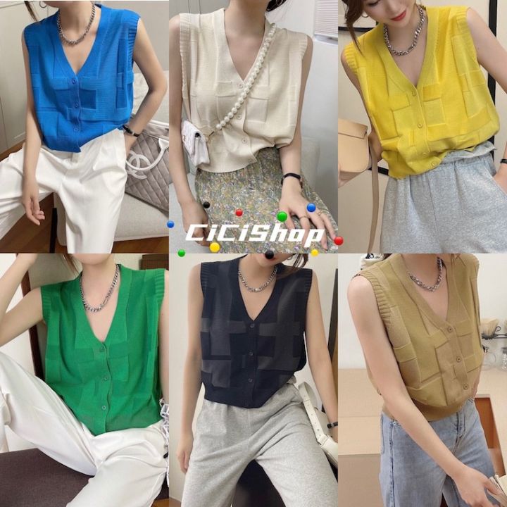 Cici(828)เสื้อไหมพรมแขนกุดกระดุมผ่ากลาง ผ้าknit ทรงสวยใส่เดี่ยวๆหรือใส่ ...