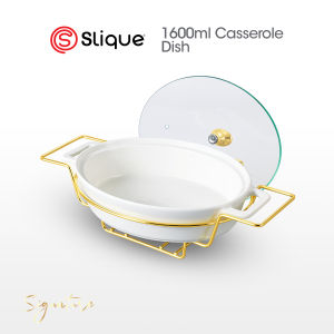 SLIQUE Premium Oval Ceramic Casserole Serving Dish with Tempered Glass Lid Metal Stand & Food Warmer 1.1L 1.6L 2.5L