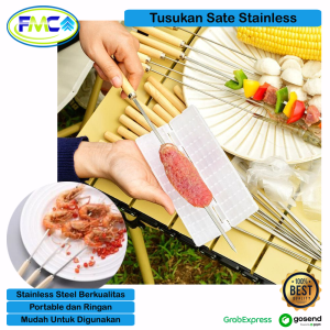 Tusukan Sate Stainless Murah Tusukan Daging Kambing Ayam BBQ Sosisi Panjang Anti Karat Gagang Kayu