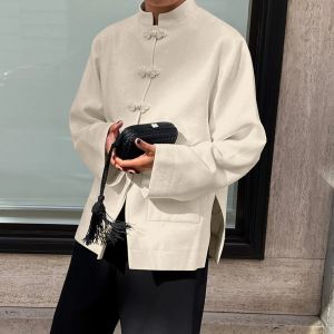Linad Chinese Style Khaki Stand Collar Shirts Vintage Single-Breasted Split Blouse Women Casual Buttons Long Sleeve Tops Female2026