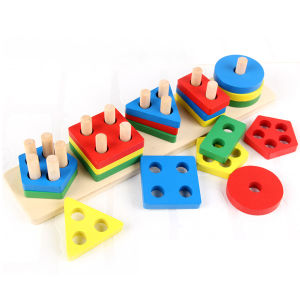 แท่นเสียบบล็อคไม้รูปทรงเรขาคณิต ของเล่นแบบไม้เสริมทักษะเด็กเล็ก