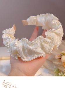 Băng Đô Trắng Sần Ren Đính Hạt Ngọc Sang Chảnh