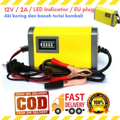 Charger Aki Motor Kering Dan Basah 12V / 2A with LED Indicator EU Plug COD Top Quality Casan Aki Charger Aki Motor / Mobil Portable 12V / 2A Dengan LED Indikator Kabel Indo Elektronik Mini